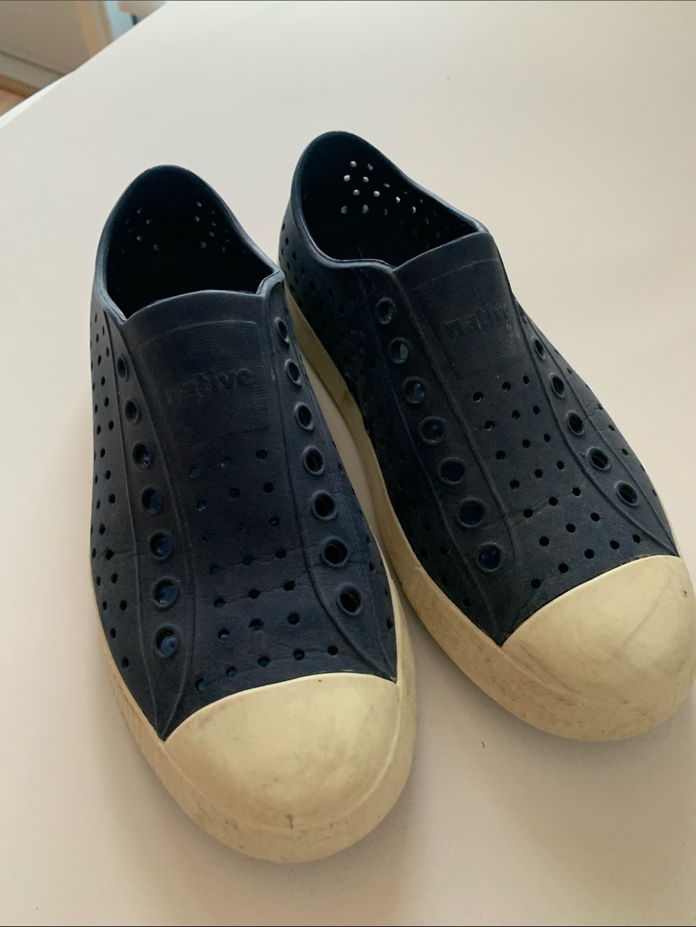 Native Navy Perforated Slip-On Loafers with White Toe Caps